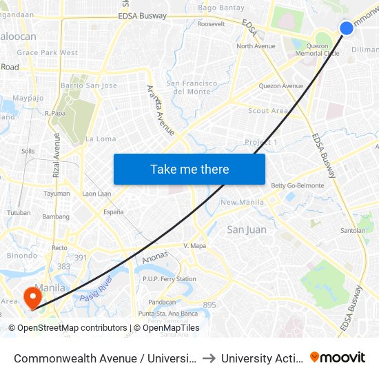 Commonwealth Avenue / University Avenue Intersection, Quezon City to University Activity Center - PLM map