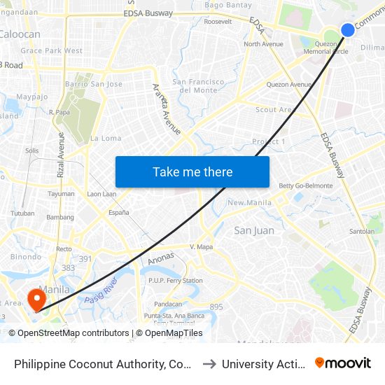 Philippine Coconut Authority, Commonwealth Avenue, Quezon City to University Activity Center - PLM map