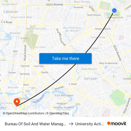 Bureau Of Soil And Water Management, Elliptical Rd, Quezon City to University Activity Center - PLM map