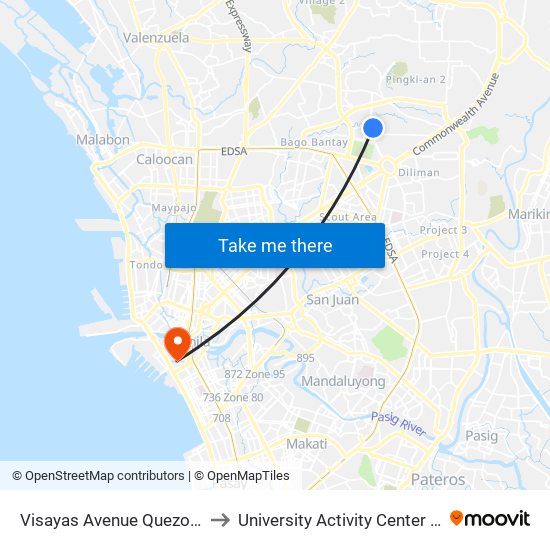 Visayas Avenue Quezon City to University Activity Center - PLM map