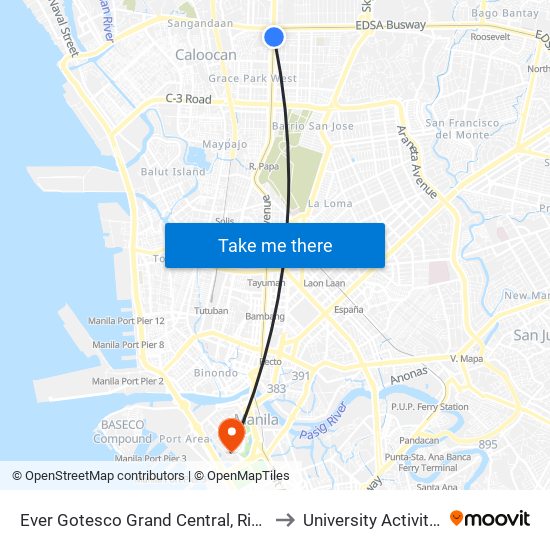 Ever Gotesco Grand Central, Rizal Avenue, Caloocan City to University Activity Center - PLM map