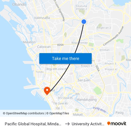 Pacific Global Hospital, Mindanao Avenue, Quezon City to University Activity Center - PLM map