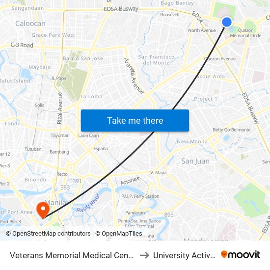 Veterans Memorial Medical Centre, North Avenue, Quezon City to University Activity Center - PLM map
