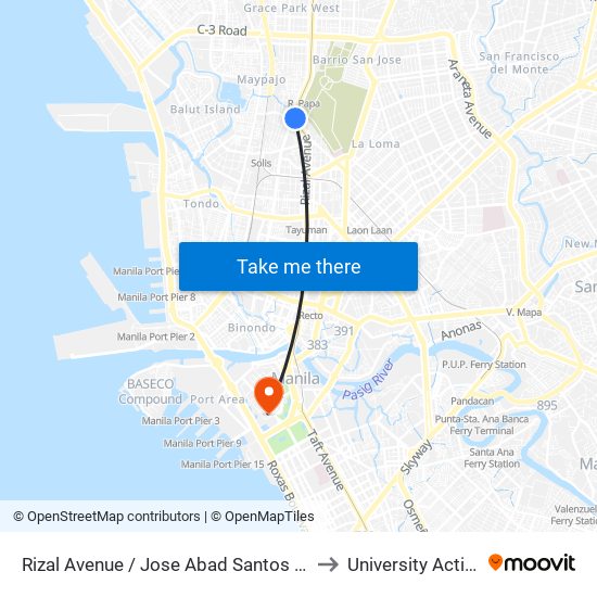 Rizal Avenue / Jose Abad Santos Avenue Interchange, Caloocan City to University Activity Center - PLM map