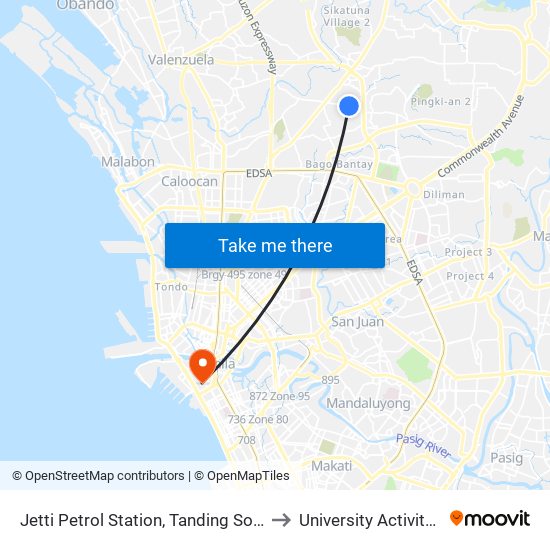 Jetti Petrol Station, Tanding Sora Avenue, Quezon City to University Activity Center - PLM map