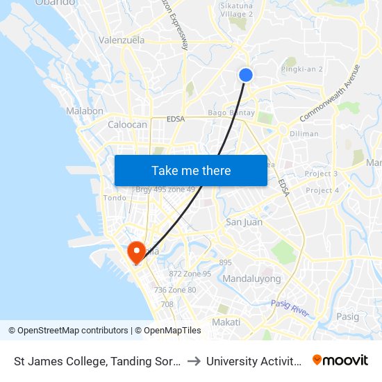 St James College, Tanding Sora Avenue, Quezon City to University Activity Center - PLM map