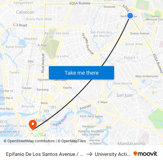 Epifanio De Los Santos Avenue / Trinoma Access Road, Quezon City to University Activity Center - PLM map