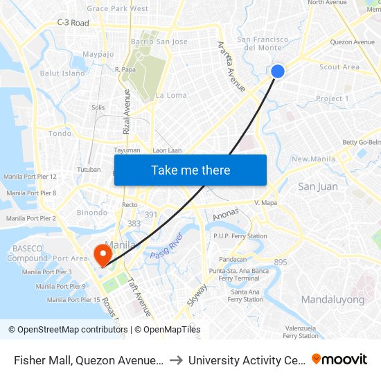 Fisher Mall, Quezon Avenue, Quezon City to University Activity Center - PLM map