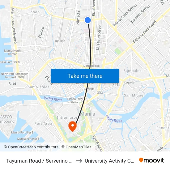 Tayuman Road / Serverino Reyes, Manila to University Activity Center - PLM map