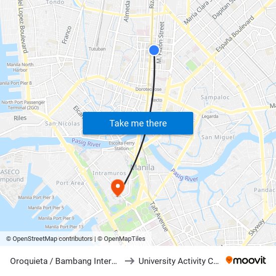 Oroquieta / Bambang Intersection, Manila to University Activity Center - PLM map