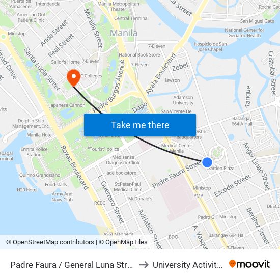 Padre Faura / General Luna Street Intersection, Manila to University Activity Center - PLM map