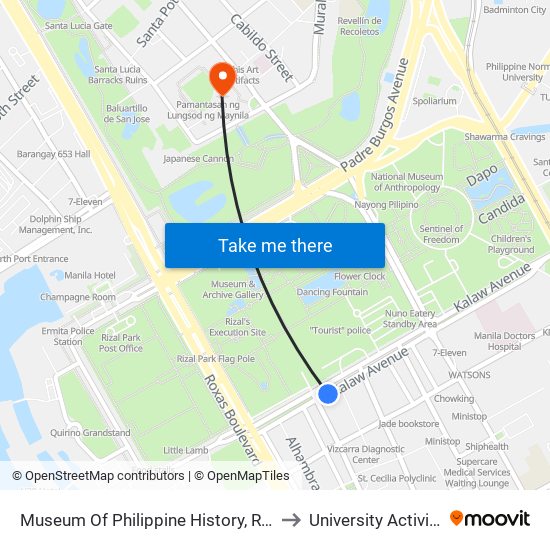 Museum Of Philippine History, Rizal Park, T.M. Kalaw, Manila to University Activity Center - PLM map