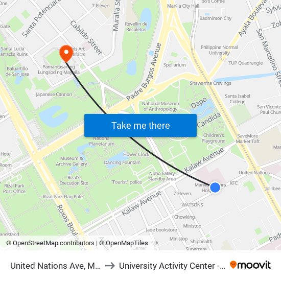 United Nations Ave, Manila to University Activity Center - PLM map