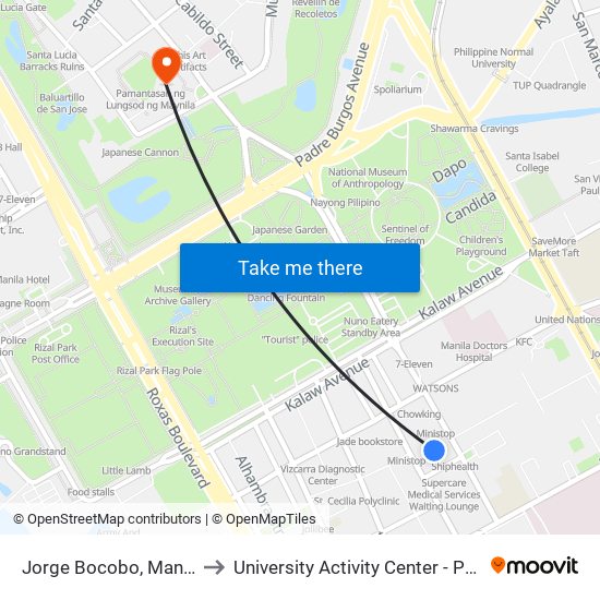 Jorge Bocobo, Manila to University Activity Center - PLM map