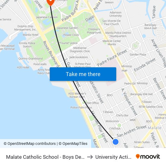 Malate Catholic School - Boys Department, Madre Ignacia, Manila to University Activity Center - PLM map