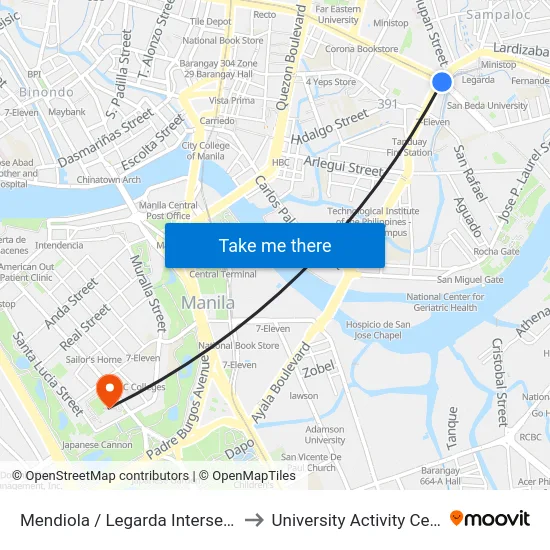 Mendiola / Legarda Intersection, Manila to University Activity Center - PLM map