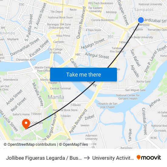 Jollibee Figueras Legarda / Bustillos Intersection, Manila to University Activity Center - PLM map