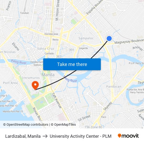 Lardizabal, Manila to University Activity Center - PLM map