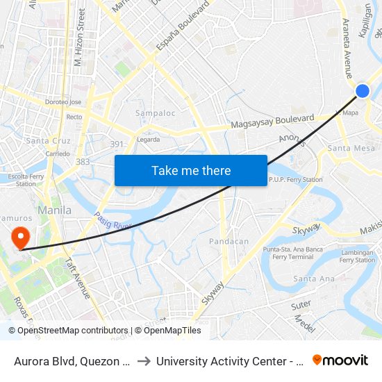 Aurora Blvd, Quezon City to University Activity Center - PLM map