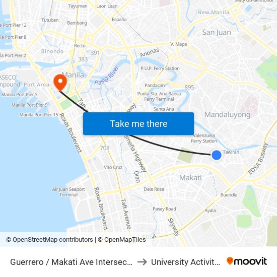 Guerrero / Makati Ave Intersection, Makati City, Manila to University Activity Center - PLM map