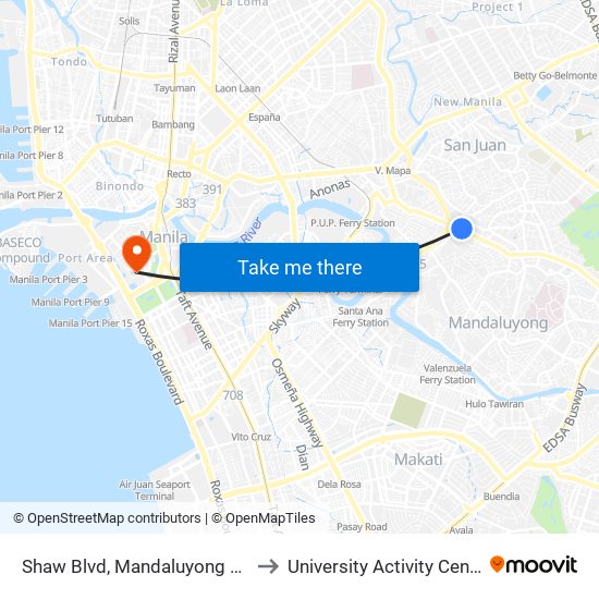 Shaw Blvd, Mandaluyong City, Manila to University Activity Center - PLM map
