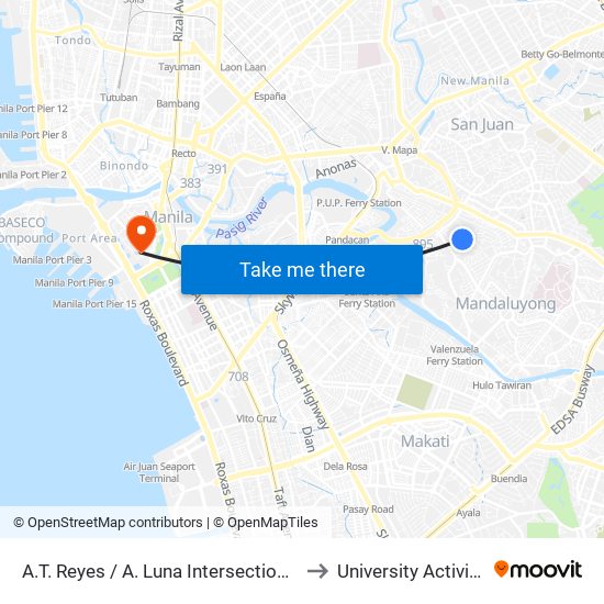 A.T. Reyes / A. Luna Intersection, Mandaluyong City, Manila to University Activity Center - PLM map