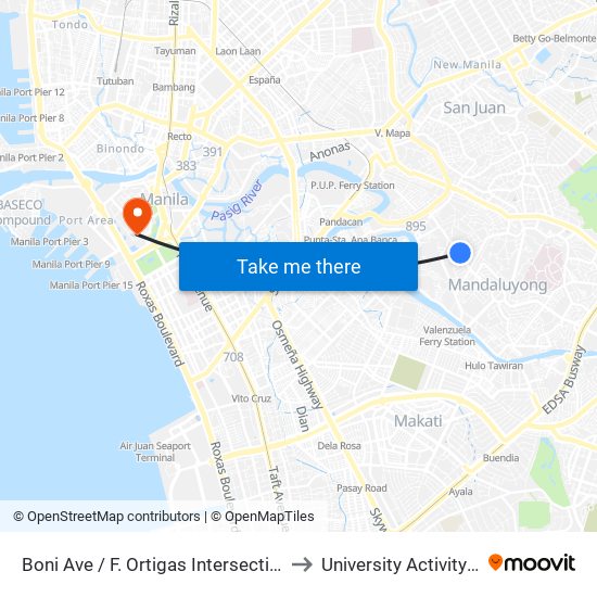 Boni Ave / F. Ortigas Intersection, Mandaluyong City to University Activity Center - PLM map