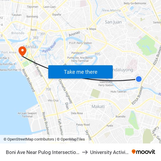 Boni Ave Near Pulog Intersection, Mandaluyong City, Manila to University Activity Center - PLM map