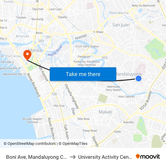 Boni Ave, Mandaluyong City, Manila to University Activity Center - PLM map