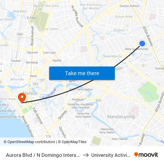 Aurora Blvd / N Domingo Intersection, Quezon City, Manila to University Activity Center - PLM map
