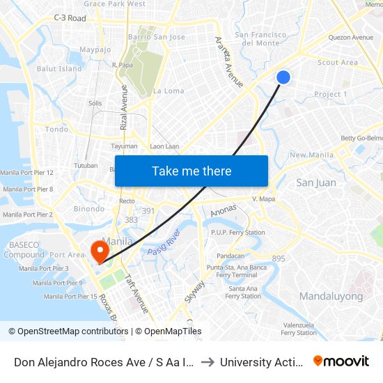 Don Alejandro Roces Ave / S Aa Intersection, Quezon City, Manila to University Activity Center - PLM map