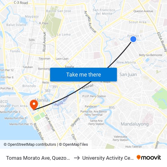 Tomas Morato Ave, Quezon City, Manila to University Activity Center - PLM map