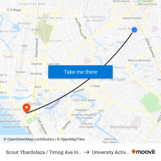Scout Ybardolaza / Timog Ave Intersection, Quezon City, Manila to University Activity Center - PLM map