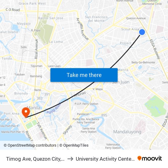 Timog Ave, Quezon City, Manila to University Activity Center - PLM map