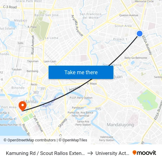 Kamuning Rd / Scout Rallos Extension Intersection, Quezon City, Manila to University Activity Center - PLM map