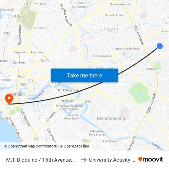 M.T. Dioquino / 15th Avenue, Quezon City, Manila to University Activity Center - PLM map