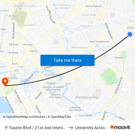 P. Tuazon Blvd / 21st Ave Intersection, Quezon City, Manila to University Activity Center - PLM map