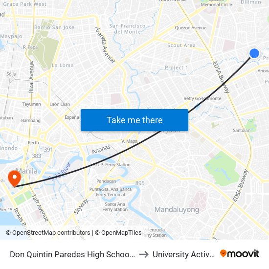 Don Quintin Paredes High School, Anonas, Quezon City, Manila to University Activity Center - PLM map