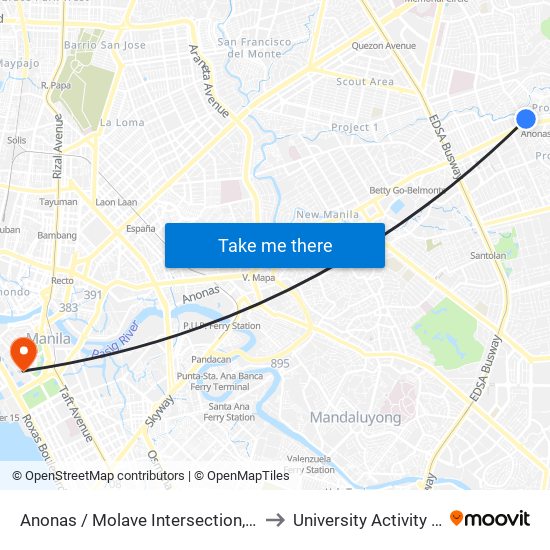 Anonas / Molave Intersection, Quezon City, Manila to University Activity Center - PLM map