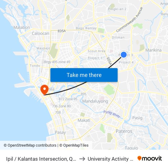 Ipil / Kalantas Intersection, Quezon City, Manila to University Activity Center - PLM map