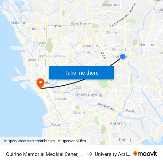 Quirino Memorial Medical Cener, J.P. Rizal Street, Quezon City, Manila to University Activity Center - PLM map