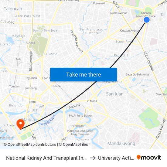 National Kidney And Transplant Institute, East Ave, Quezon City, Manila to University Activity Center - PLM map