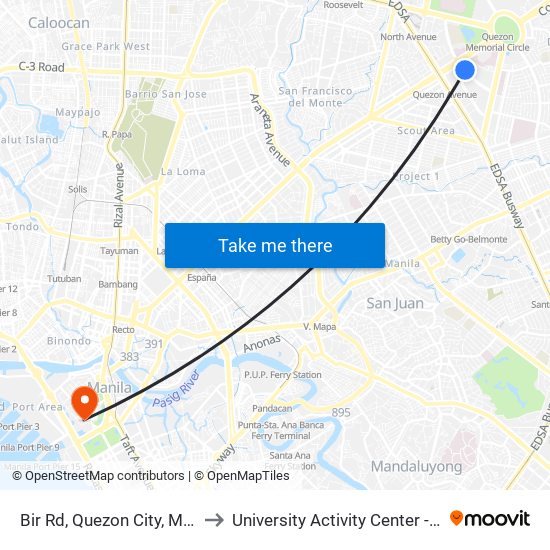 Bir Rd, Quezon City, Manila to University Activity Center - PLM map