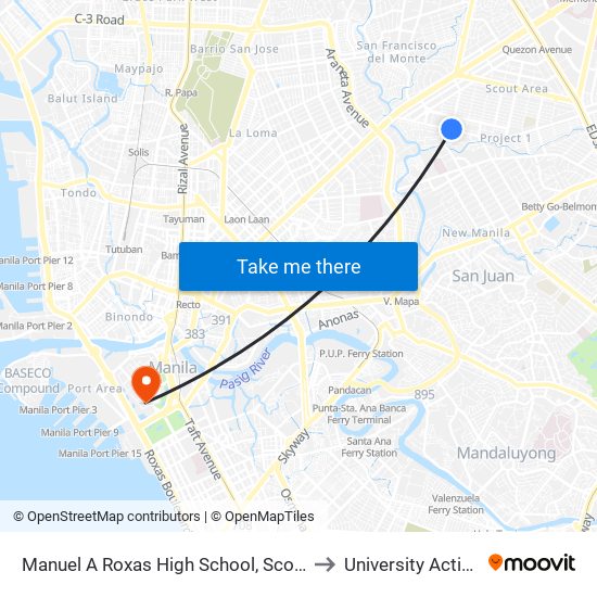 Manuel A Roxas High School, Scout Chuatoco, Quezon City, Manila to University Activity Center - PLM map