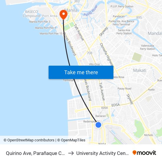 Quirino Ave, Parañaque City, Manila to University Activity Center - PLM map