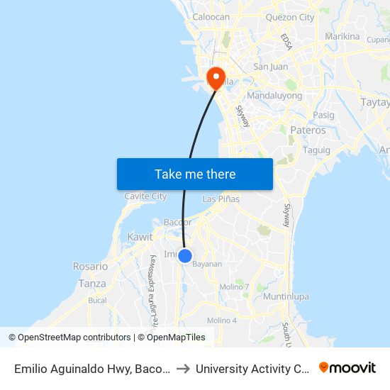 Emilio Aguinaldo Hwy, Bacoor City, Manila to University Activity Center - PLM map