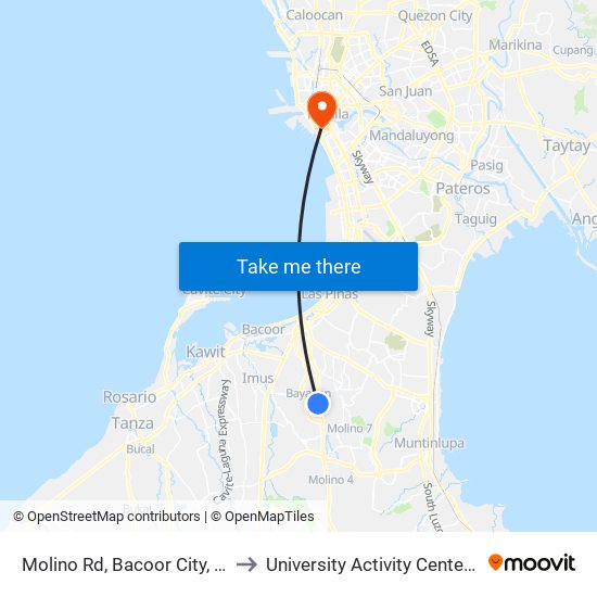 Molino Rd, Bacoor City, Manila to University Activity Center - PLM map