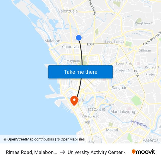 Rimas Road, Malabon City to University Activity Center - PLM map