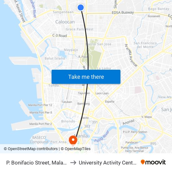 P. Bonifacio Street,  Malabon City to University Activity Center - PLM map