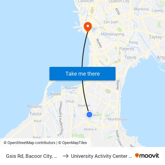 Gsis Rd, Bacoor City, Manila to University Activity Center - PLM map